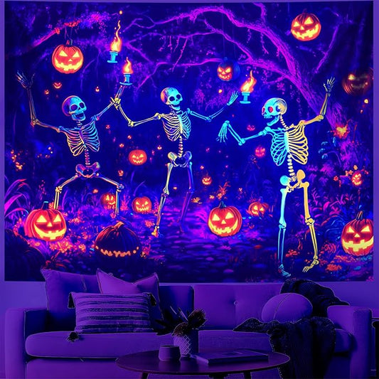 Blacklight Halloween Tapestry Horror Moon Night Scary Cemetery Pumpkin Lantern Halloween Tapestry Wall Hanging Skull Horror Poster Banners for Bedroom Livingroom (Three Skull, 79L" x 59W", Unframed)