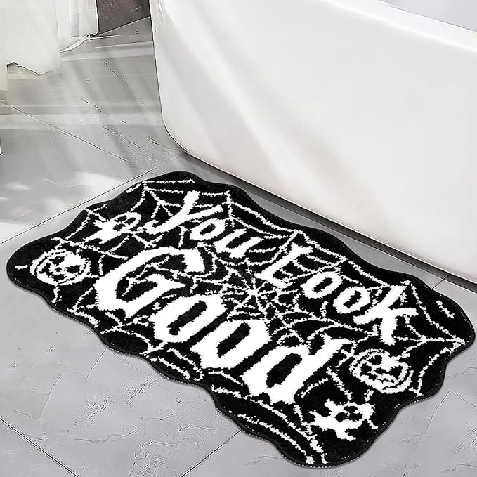 Meetory Halloween Bathroom Rug - Spider Web Bath Mat, Halloween Machine Washable Goth Bath Mat, Non-Slip Rugs, Area Rugs, Gothic Rug for Front Door, Bedroom, Living Home (Black)