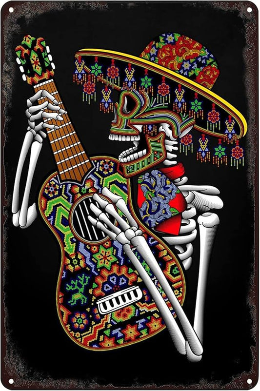 SREELEATHERS Vintage Metal Signs - Mexican Skeleton Playing Guitar Poster Mexico Day of The Dead Skull Tin Sign Wall Art Decor Plaque for Home Bar Pub Club Living Room 8x12 inch