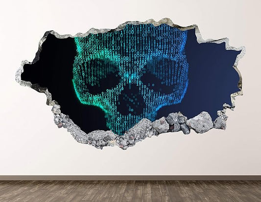 Skull Wall Decal Art Decor 3D Smashed Terror Image Sticker Poster Kids Room Mural Custom Gift BL985 (30"W x 18"H)