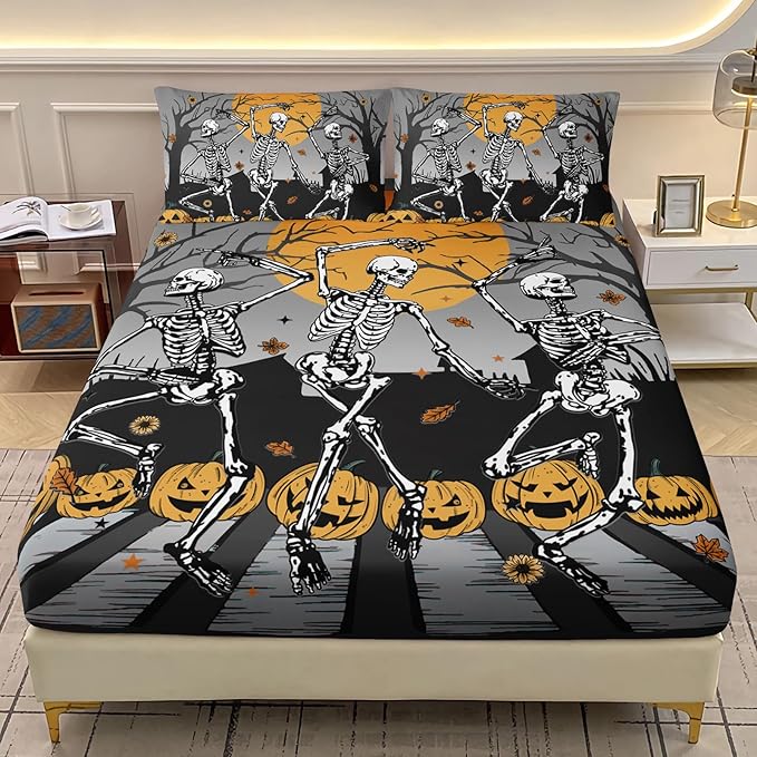 AILONEN Skull Print Fitted Sheet Set Twin Size, Pumpkin Lamp Skeleton Print Bedding Set for Kids Teens Adults,Halloween Horror Theme Bedsheets Set,1 Fitted Sheet and 2 Pillowcases,3 Pieces
