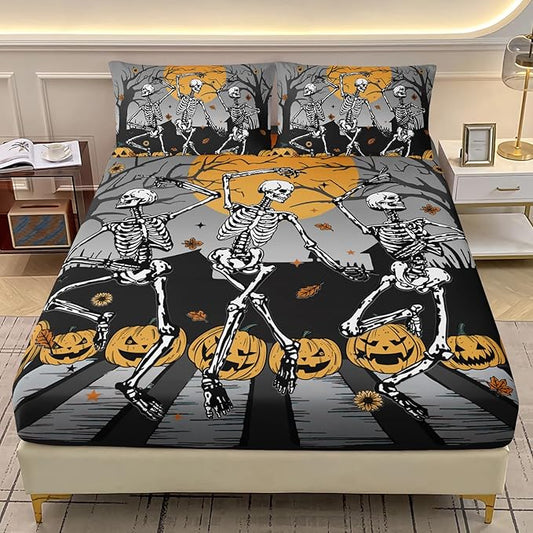 AILONEN Skull Print Fitted Sheet Set Twin Size, Pumpkin Lamp Skeleton Print Bedding Set for Kids Teens Adults,Halloween Horror Theme Bedsheets Set,1 Fitted Sheet and 2 Pillowcases,3 Pieces