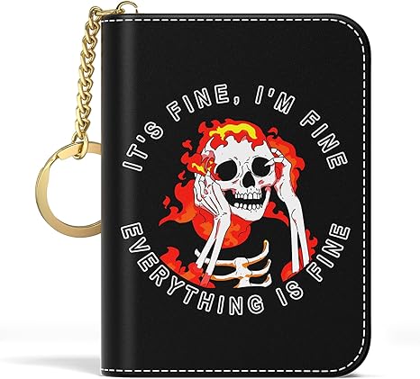 Credit Card Holder, Small RFID Wallet Slim Leather Card Organizer Case with Zipper and Keychain, Fine Skull