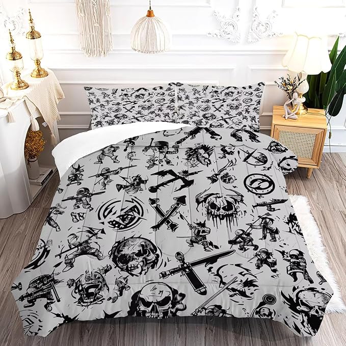 Grey Gaming Comforter Set Full: Pirates Skull Bedding Set for Boys Kids Men Teen Bed Bedroom Dorm Nautical Samurai Ninjas Quilt 1 Comforter + 2 Pillow Cases