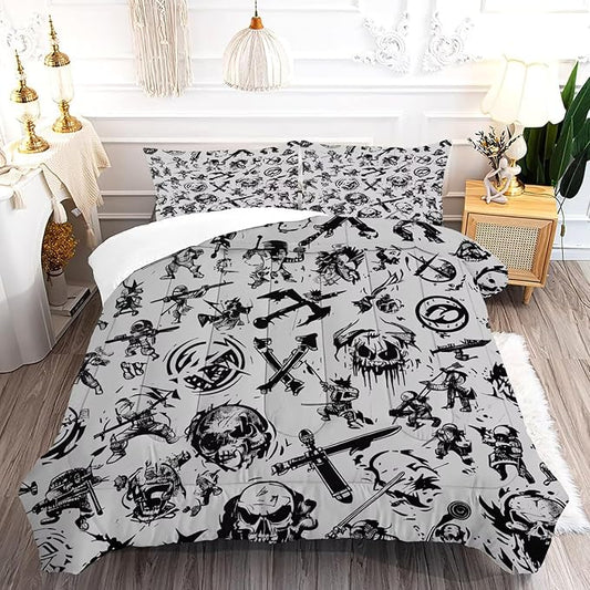 Grey Gaming Comforter Set Full: Pirates Skull Bedding Set for Boys Kids Men Teen Bed Bedroom Dorm Nautical Samurai Ninjas Quilt 1 Comforter + 2 Pillow Cases