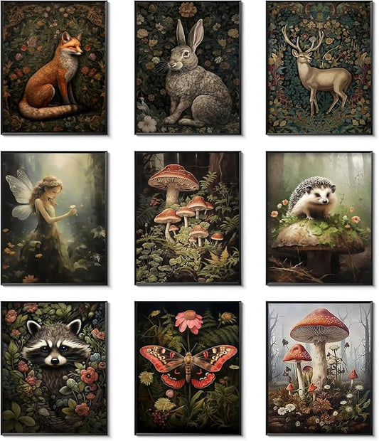 Dark Cottagecore Room Decor Aesthetic, Cottagecore Core Wall Decor, Forest Botanical Wall Art Canvas Prints, Fairycore Decor, Nature Mushroom Posters Vintage Animal Pictures for Bedroom, UNFRAMED