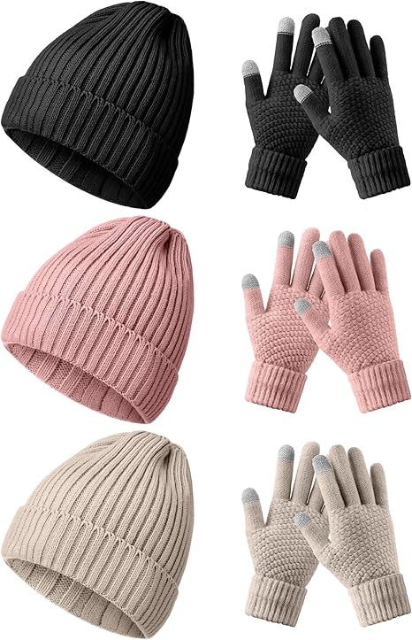 6 Pieces Women Men Beanie Winter Hat Gloves Set, Thick Warm Knitted Skull Cap Touchscreen Gloves Unisex