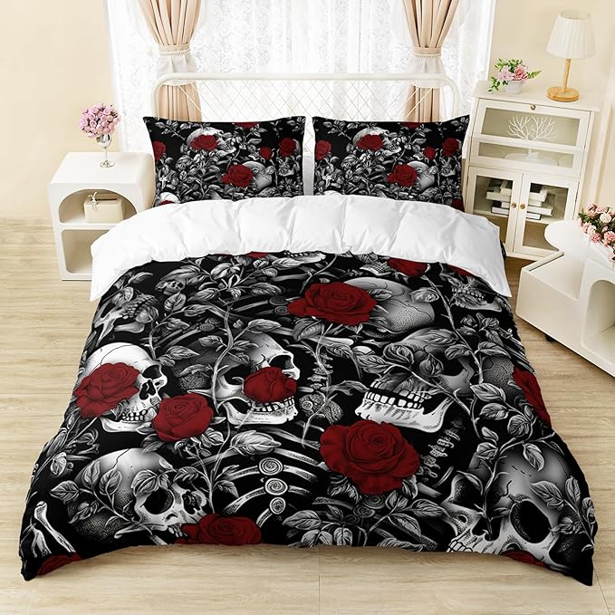 AILONEN Skull Duvet Cover Set Queen Size, Red Rose Leaf Skull Print Bedding Set for Boys Teens,Horror Theme Comforter Cover 3Pcs for Bedroom Decor,1 Qulit Cover and 2 Pillowcases,Soft