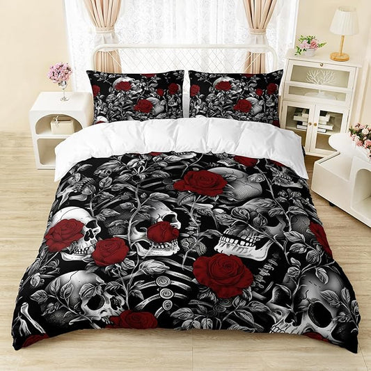 AILONEN Skull Duvet Cover Set Queen Size, Red Rose Leaf Skull Print Bedding Set for Boys Teens,Horror Theme Comforter Cover 3Pcs for Bedroom Decor,1 Qulit Cover and 2 Pillowcases,Soft