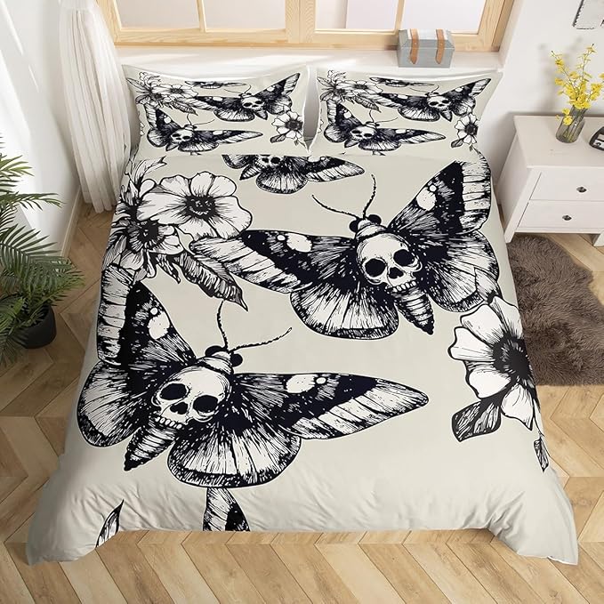 Skull Comforter Cover Set Queen Size Moth Printed Gothic Style Duvet Cover For Teen Boys Kids Sugar Skull Pattern Botanical Floral Decor Gray White Black Soft Microfiber Bedding Set With Zipper Ties