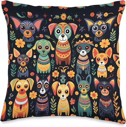 Sugar Skull Style Dogs Mexican Day of The Dead Festival Throw Pillow