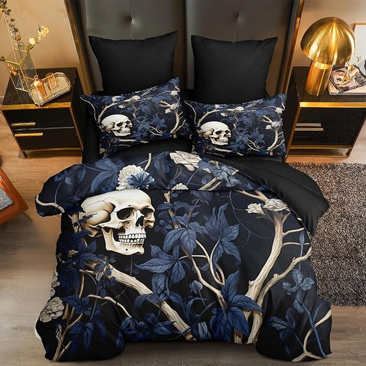 Black White Gothic Comforter Set Queen Size Skull Floral Comforter Kids Boys Girls Vintage Floral Soft Warm Winter Bedding Set with 2 Pillowcases