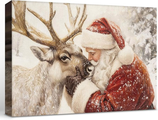 Framed Christmas Canvas Wall Art Print, Vintage Santa Reindeer Canvas Painting Decor, Christmas Wall Art Prints for Living Room Bedroom Fireplace Decor 12x8in
