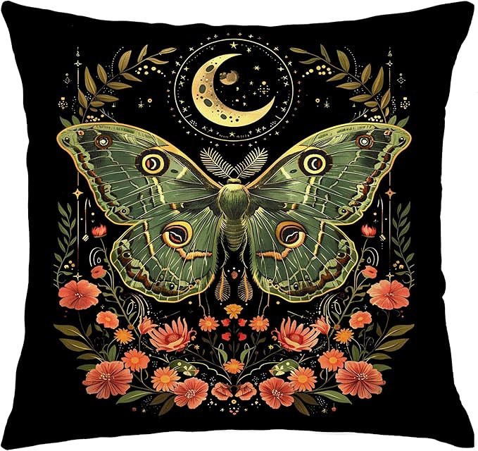 Vintage Mystical Celestial Dark Gothic Green Luna Moth Floral Witchy Pillow Covers 18x18, Cottagecore Butterfly Wildflower Botanical Decorative Throw Pillow Covers