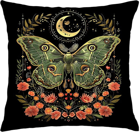 Vintage Mystical Celestial Dark Gothic Green Luna Moth Floral Witchy Pillow Covers 18x18, Cottagecore Butterfly Wildflower Botanical Decorative Throw Pillow Covers