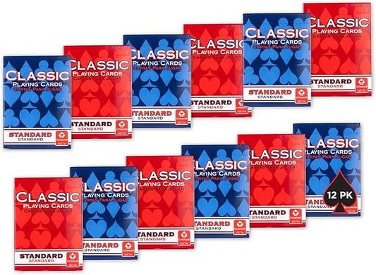 Classic Playing Cards 12 Pack, Standard Index, Red and Blue Casino Quality Bulk Playing Card Decks, Bulk Playing Cards for Poker, Black Jack, Euchre, Card Games, and Family Game Night
