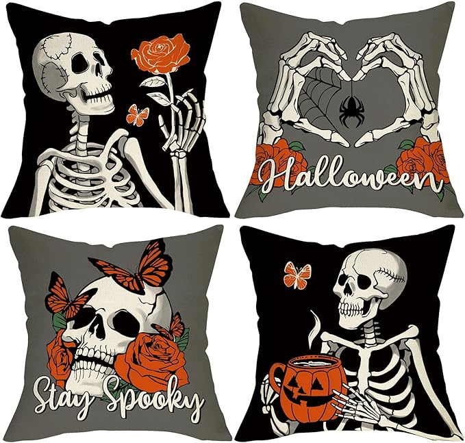 Halloween Gothic Skeleton Decorative Throw Pillow Covers 18 x 18 Set of 4, Black Grey Stay Spooky Skull Porch Outdoor Home Decor, Funny Rose Flower Spider Pumpkin Butterfly Couch Cushion Case