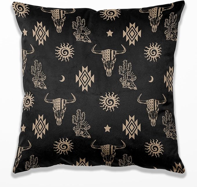 Boho Western Cow Bull Longhorn Skull Pillow Cover 18x18 Inch, Bohemian Aztec Decorative Cushion Case for Couch Sofa Bed, Farmhouse Cow Decorations for Home