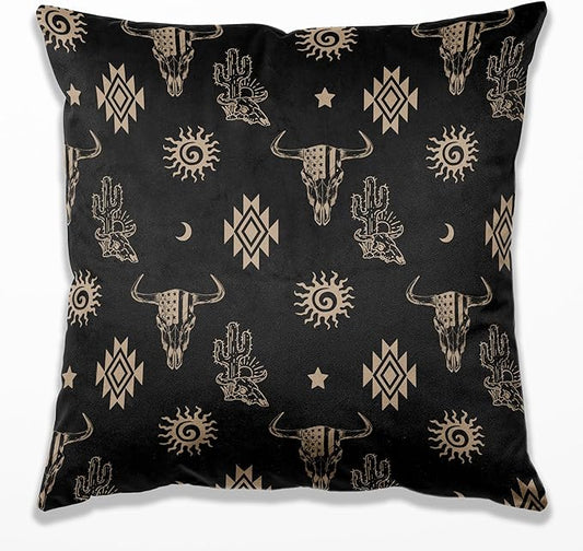 Boho Western Cow Bull Longhorn Skull Pillow Cover 18x18 Inch, Bohemian Aztec Decorative Cushion Case for Couch Sofa Bed, Farmhouse Cow Decorations for Home
