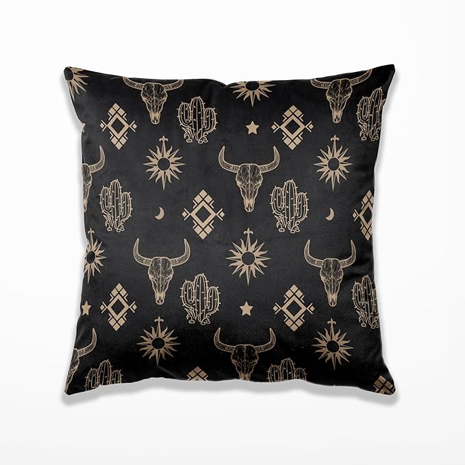 Western Cow Bull Longhorn Skull Pillow Cover for Bed 18 x 18,Western Throw Pillow Covers for Bed,Western Gifts for Women,Cowhide Howdy Pillow,Boho Aztec Cow Skull Bedroom Decor