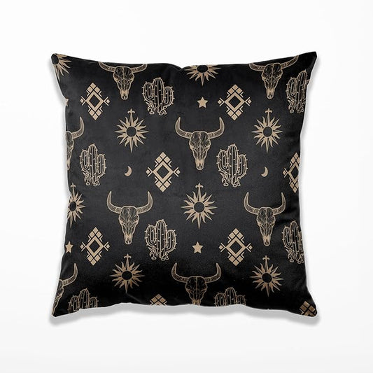 Western Cow Bull Longhorn Skull Pillow Cover for Bed 18 x 18,Western Throw Pillow Covers for Bed,Western Gifts for Women,Cowhide Howdy Pillow,Boho Aztec Cow Skull Bedroom Decor