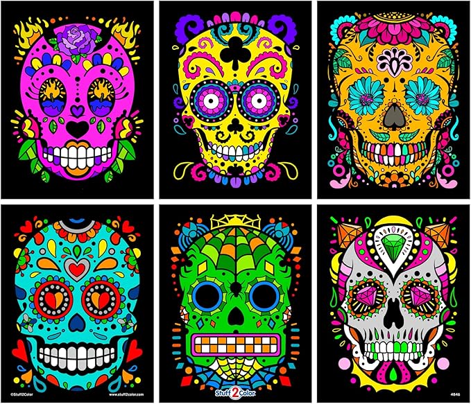 Stuff2Color Sugar Skulls Fuzzy Velvet Halloween Coloring Posters (Day of The Dead and Dia de Los Muertos) - 6 Pack - Great Halloween Arts and Craft Activity for Kids, Toddlers, Teens and Adults