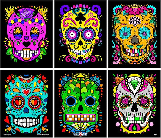 Stuff2Color Sugar Skulls Fuzzy Velvet Halloween Coloring Posters (Day of The Dead and Dia de Los Muertos) - 6 Pack - Great Halloween Arts and Craft Activity for Kids, Toddlers, Teens and Adults