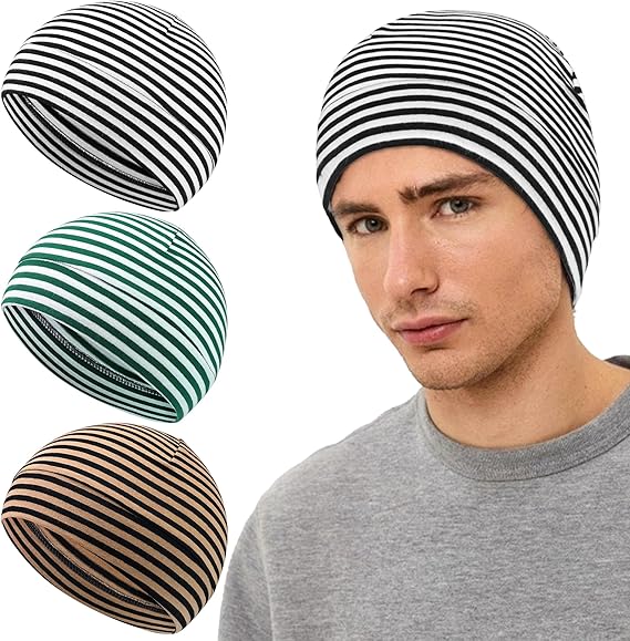 Qearl 3 Pcs Cotton Skull Caps for Men Women, Soft Lightweight Beanie Sleep Hats Warm Night Cap for Running Helmet Liner