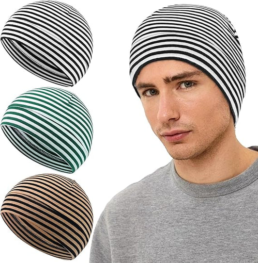 Qearl 3 Pcs Cotton Skull Caps for Men Women, Soft Lightweight Beanie Sleep Hats Warm Night Cap for Running Helmet Liner