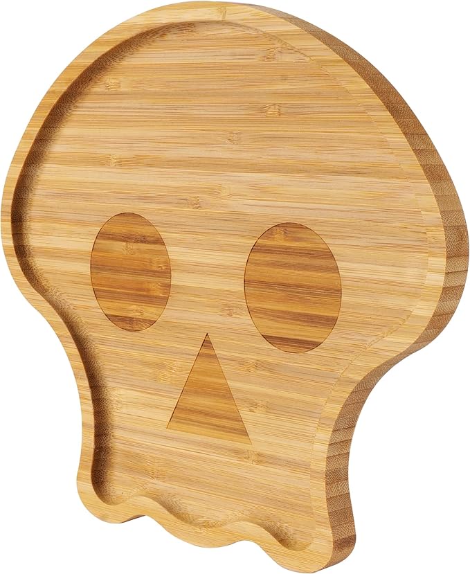 TJ POP Skull Serving Platter - 10” x 9” Skull Shaped Bamboo Serving Tray, Cute Wooden Charcuterie Board, Spooky Halloween Snack Dessert Candy Dish Plate for Party, Kitchen, Dining Decor