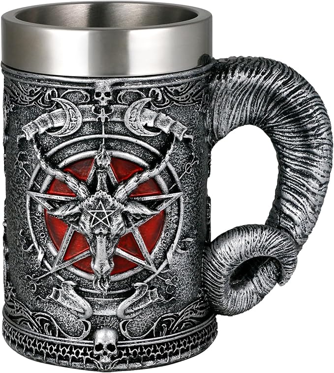 alikiki Medieval Baphomet Head Beer Mug - Sabbatic Goat Pentagram Drinking Tankard 21oz Stainless Steel Wine Coffee Cup Novelty Gothic Father Day Gift Party Decorations