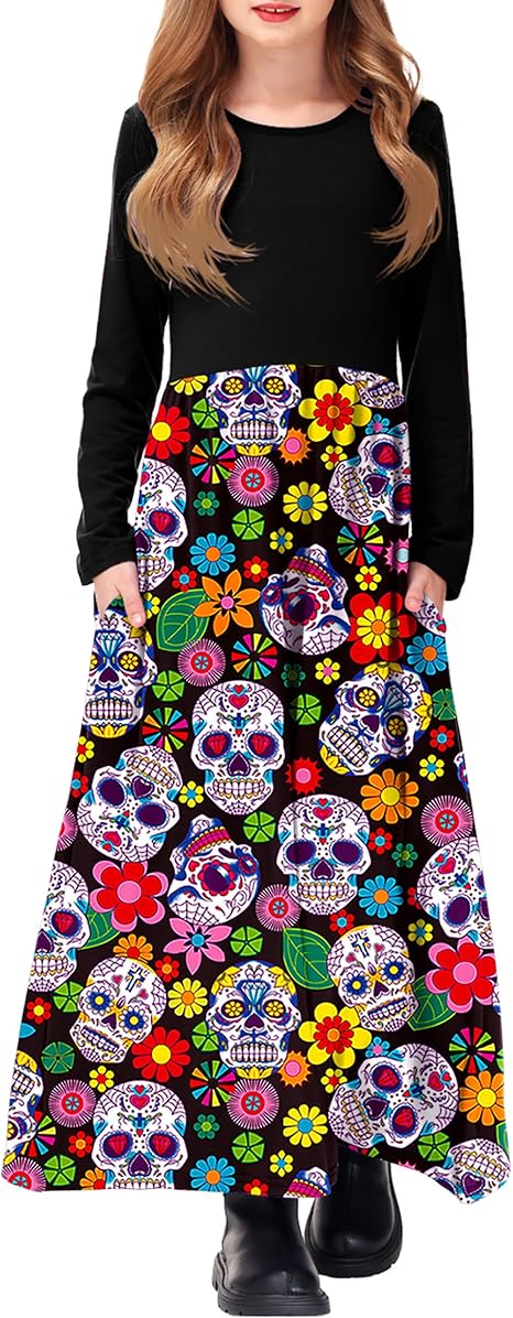 Girls Maxi Dress Casual Holiday Long Dresses with Pockets 5-14 Years