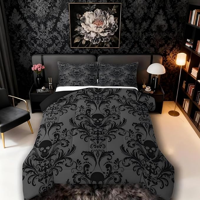 Erosebridal Adults Black Damask Bedding Set Antique Victorian Baroque Comforter Set Full Size Gothic Vintage Floral Quilt Exotic Sugar Skull Duvet Insert Full,Gothic Bone Skeleton Bohemian Decor,Grey