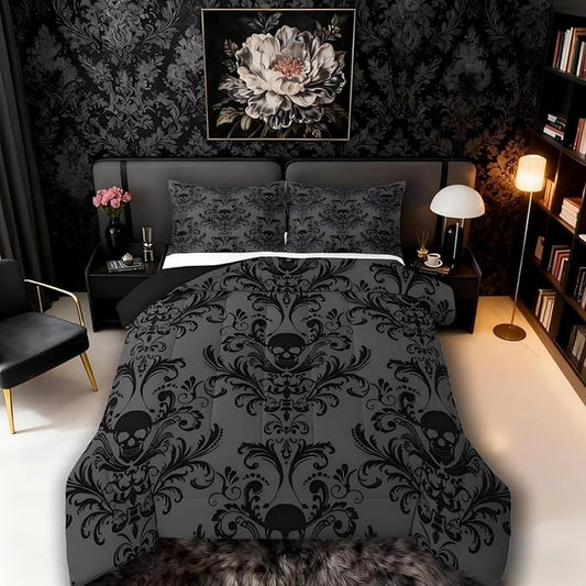 Erosebridal Adults Black Damask Bedding Set Antique Victorian Baroque Comforter Set Full Size Gothic Vintage Floral Quilt Exotic Sugar Skull Duvet Insert Full,Gothic Bone Skeleton Bohemian Decor,Grey