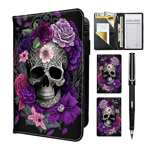 Server Book for Waitress with Everlasting Pencil, Money Pocket Leather Wallet Booklet, Guest Check Receipt Holder Presenters, Waiter Accessories Fit Server Apron-Purple Skull