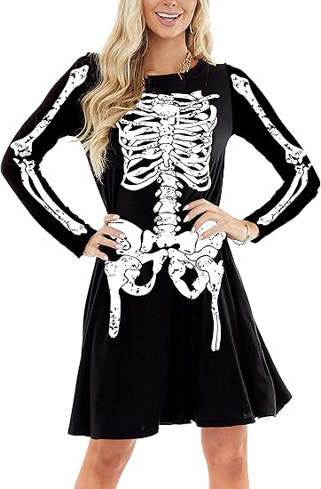 Women Halloween Dress with Pockets Funny Long Sleeve Outfits