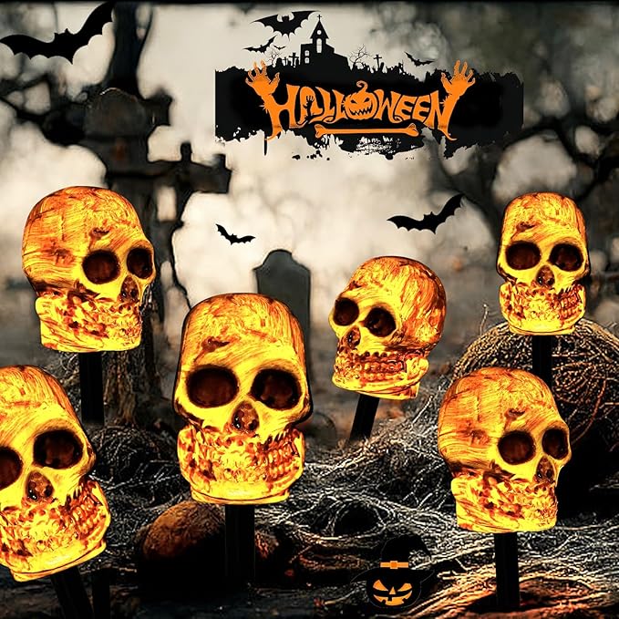 5 PCs Solar Skeleton Halloween Skull Pathway Lights, Waterproof & Battery Operated Skull Stake Lights for Halloween Decorations Outdoor Garden Yard Pathway Decor Yard Garden Party