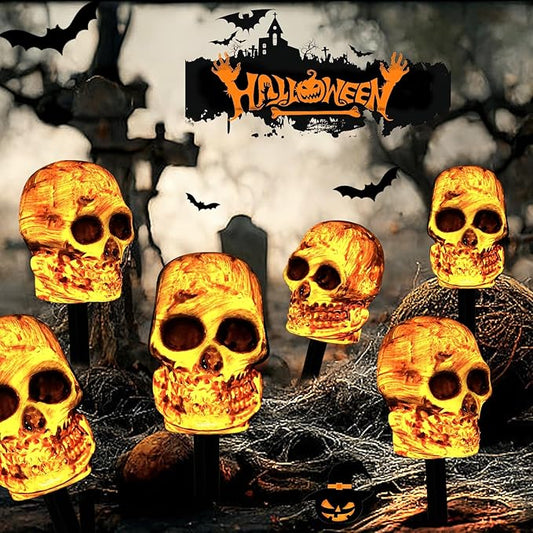 5 PCs Solar Skeleton Halloween Skull Pathway Lights, Waterproof & Battery Operated Skull Stake Lights for Halloween Decorations Outdoor Garden Yard Pathway Decor Yard Garden Party