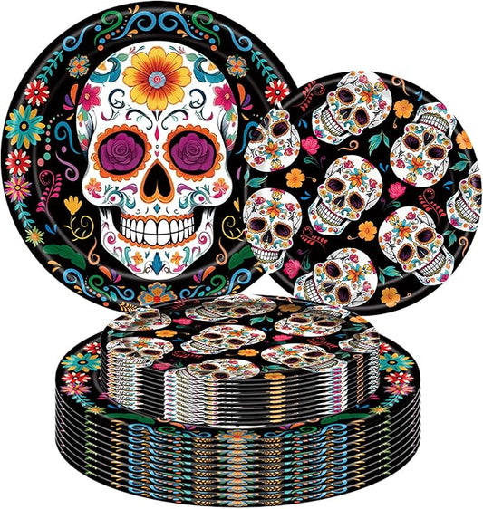 100PCS Halloween Paper Plates (50×7 Inch & 50×9 Inch) –Day of the Dead Party Supplies Skull Disposable Plates, Dessert Dinner Plates for Halloween Skeleton Day Muertos Birthday Party Decorations
