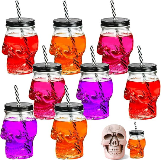 8 Pcs Halloween Skull Mason Jar Clear Glass Tumbler, 16 Oz Halloween Drinking Glasses with Lid, Clear Glass Cups with Skull, Skull Mason Cup with Straw, Mason Jar Cup for Halloween, Theme parties (8)