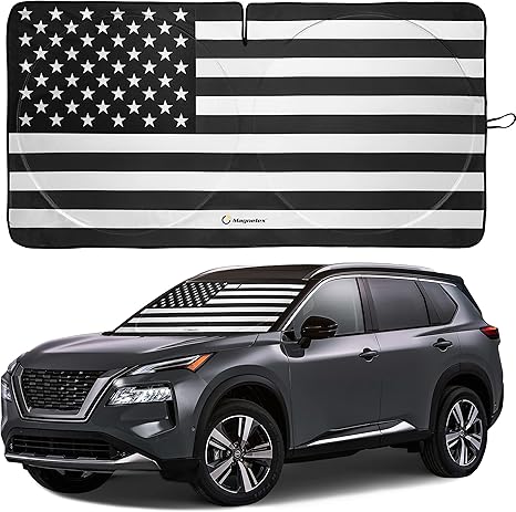 American Flag Windshield Sun Shade, High-Resolution Car Sun Shield with Mirror Cut-Out for Automotive Interior Sun and Heat Protection, Folding Sunshade with Storage Bag - Medium, Black & White