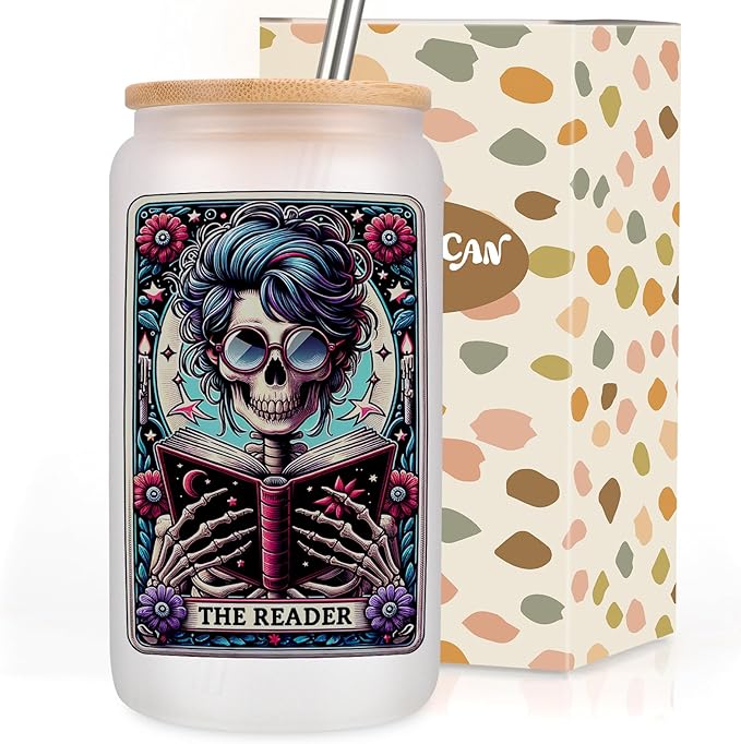 Coolife Skeleton Reader Glass Cup, Goth Skull Book Lover Gifts, Spooky Bookish Halloween Themed Witchy Gifts for Women, Reading Club, Bookworm - Christmas Gothic Ghost Tarot Card Iced Coffee Tumbler