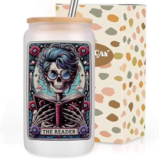 Coolife Skeleton Reader Glass Cup, Goth Skull Book Lover Gifts, Spooky Bookish Halloween Themed Witchy Gifts for Women, Reading Club, Bookworm - Christmas Gothic Ghost Tarot Card Iced Coffee Tumbler