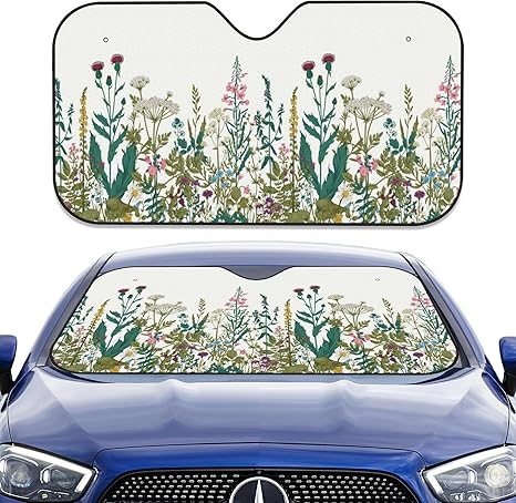 Foldable Sunshade for Car Windshield,Vintage Herbs Wild Flowers Car Windshield Sunshade Sun Heat UV Rays Visor Protector for Truck SUV,56 x 28 Inch
