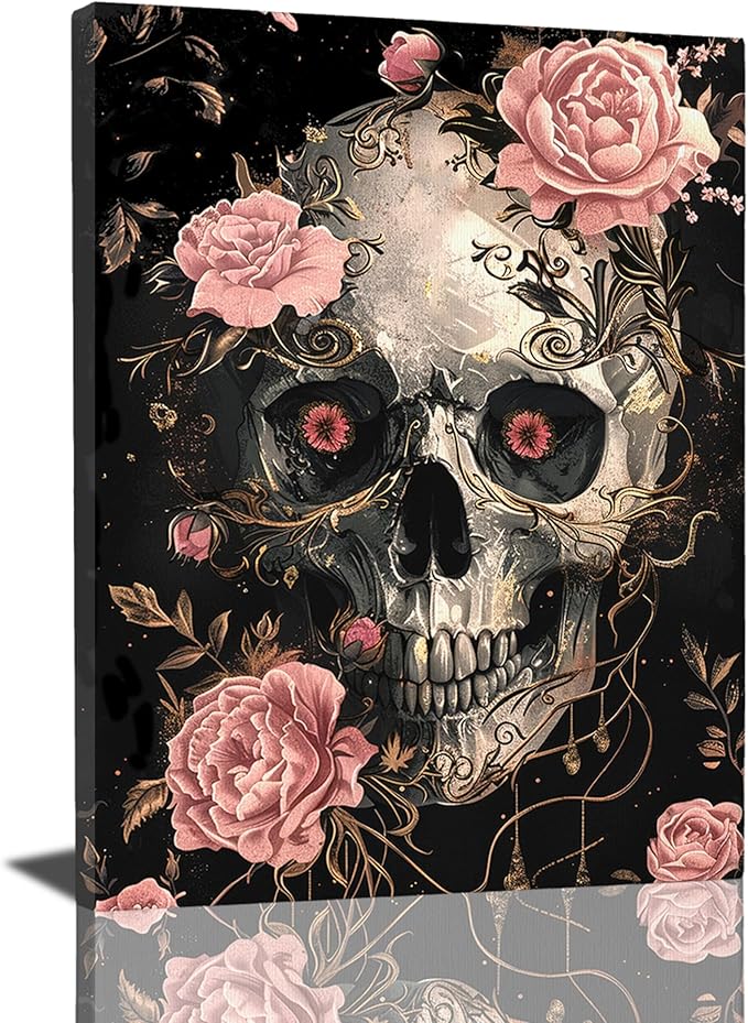 Skull Roses Gothic Skeleton Bathroom Wall Decor Poster Pictures for Canvas Print Painting Framed Artwork for Bedroom Living Room 12x16