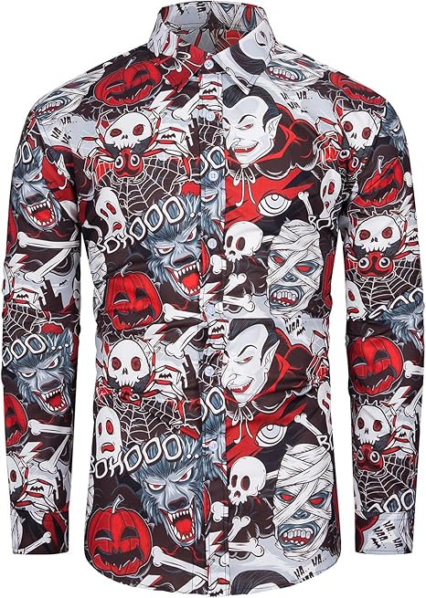 Mens Funny Halloween Shirt Ugly Pumpkin Long Sleeve Casual Button Down Shirts Adult Costume for Party