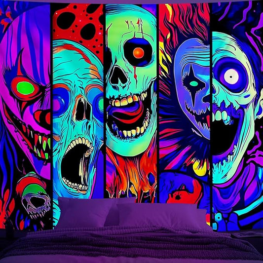 Atrippy Blacklight Halloween Horror Wall Decor Tapestry for Bedroom, UV Reactive Skull Skeleton Tapestries, Black Light Gothic Face Neon Aesthetic Wall Hanging for Dorm Living Room 36x48 Inches