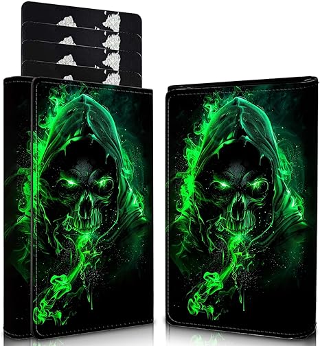 Men's Slim Wallet,Pop Up Credit Card Holder Wallet,Leather RFID Blocking Metal Card Case for Coins,Debit Cards-Green Skull