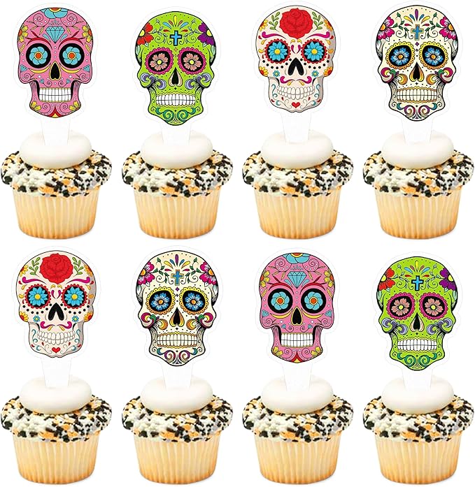 24PCS Halloween Cupcake Toppers Skull Head Cupcake Picks Baby Shower Halloween Gender Reveal First Birthday Party Decorations Supplies Skull