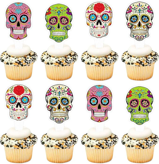 24PCS Halloween Cupcake Toppers Skull Head Cupcake Picks Baby Shower Halloween Gender Reveal First Birthday Party Decorations Supplies Skull